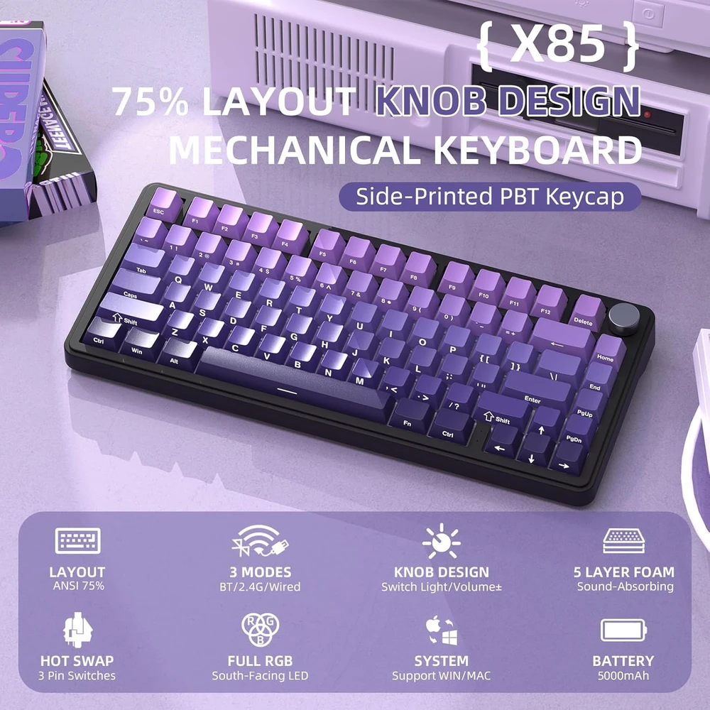 AJAZZ Attack Shark X85 belaidė mechaninė žaidimų klaviatūra, 75%, BT/2.4 GHz/USB-C, RGB, hot-swap