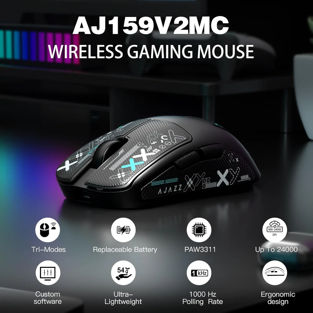 A.JAZZ belaidė trijų režimų žaidimų pelė, Bluetooth 5.0 / 2,4 GHz / USB-C, PixArt 3311, 24000 DPI, 54 g, AJ159V2MC