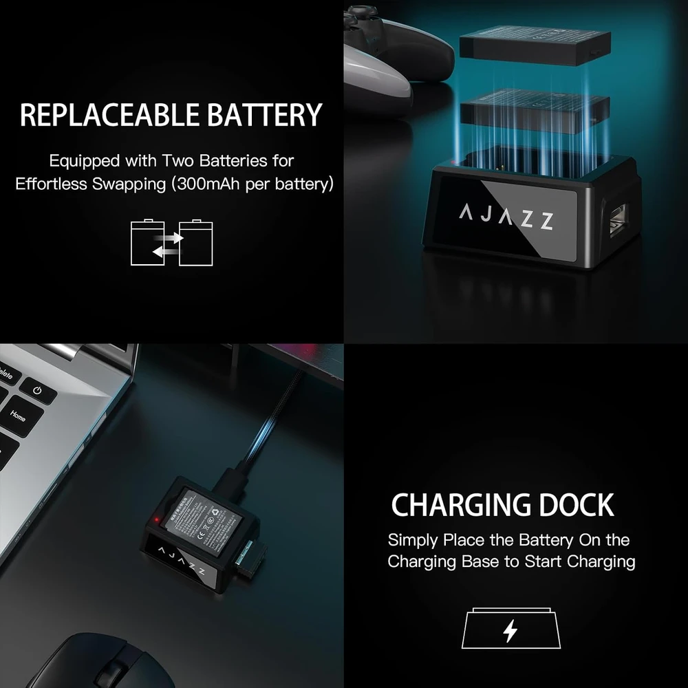 A.JAZZ belaidė trijų režimų žaidimų pelė, Bluetooth 5.0 / 2,4 GHz / USB-C, PixArt 3311, 24000 DPI, 54 g, AJ159V2MC
