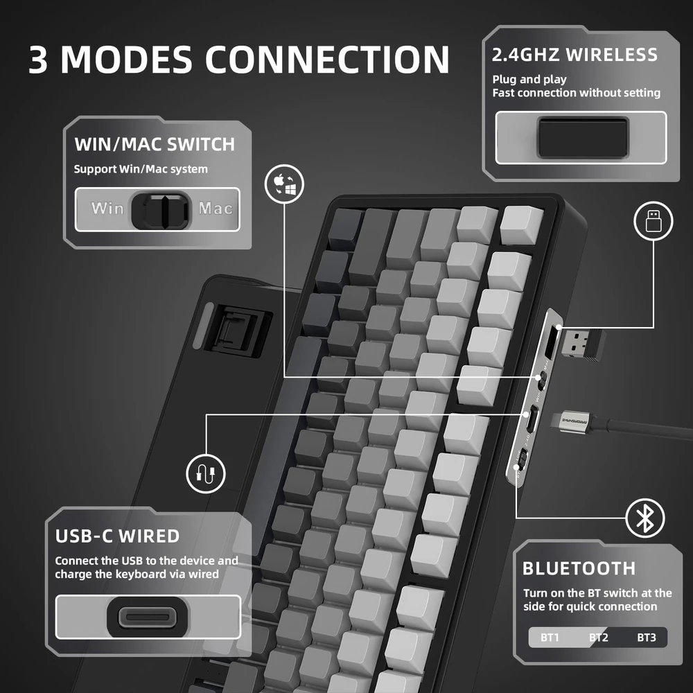 AJAZZ žaidimų mechaninė klaviatūra X85, 75%, bevielė, RGB, PBT, Baltas Jade jungikliai