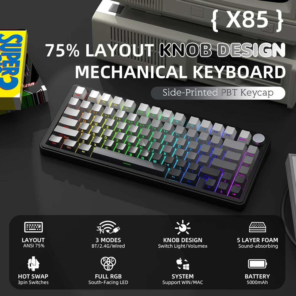 AJAZZ žaidimų mechaninė klaviatūra X85, 75%, bevielė, RGB, PBT, Baltas Jade jungikliai