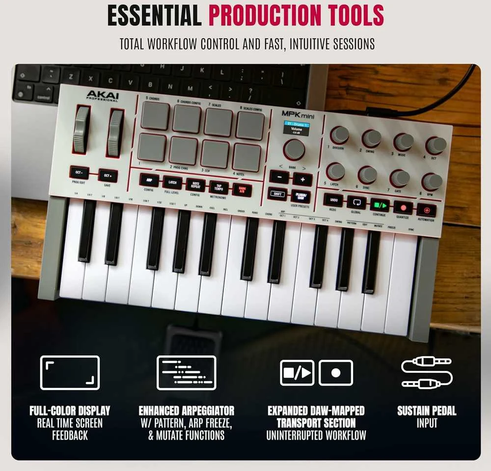 AKAI MPK Mini MK4 - MIDI controller / control keypad, baltas
