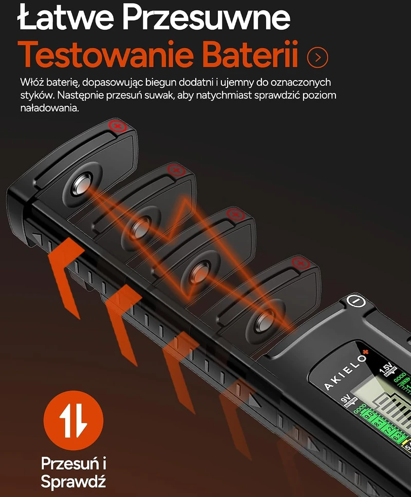 AKIELO baterijų testeris su LCD ekranu AA, AAA, C, D, 9 V ir mygtukinėms baterijoms BT-001