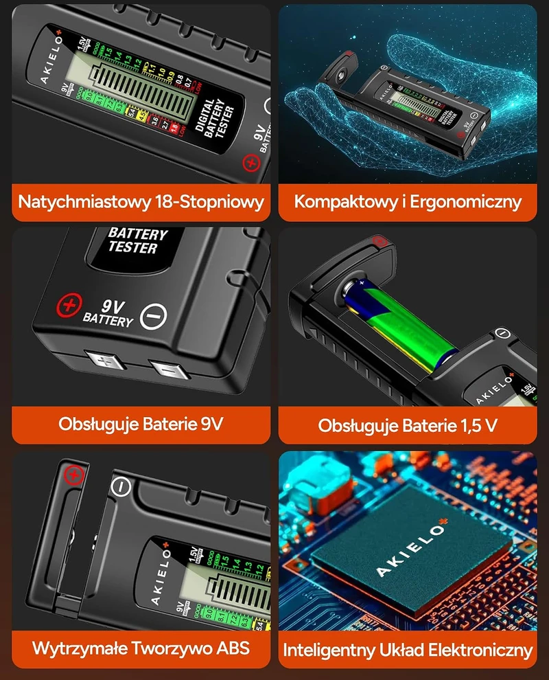 AKIELO baterijų testeris su LCD ekranu AA, AAA, C, D, 9 V ir mygtukinėms baterijoms BT-001