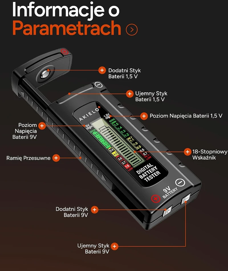 AKIELO baterijų testeris su LCD ekranu AA, AAA, C, D, 9 V ir mygtukinėms baterijoms BT-001