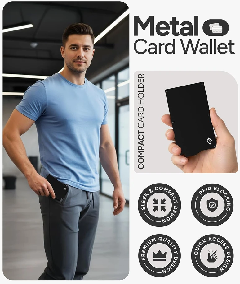 AKIELO kortelių dėklas su RFID apsauga, aliuminis, talpa iki 8 kortelių, juoda, ALPHA