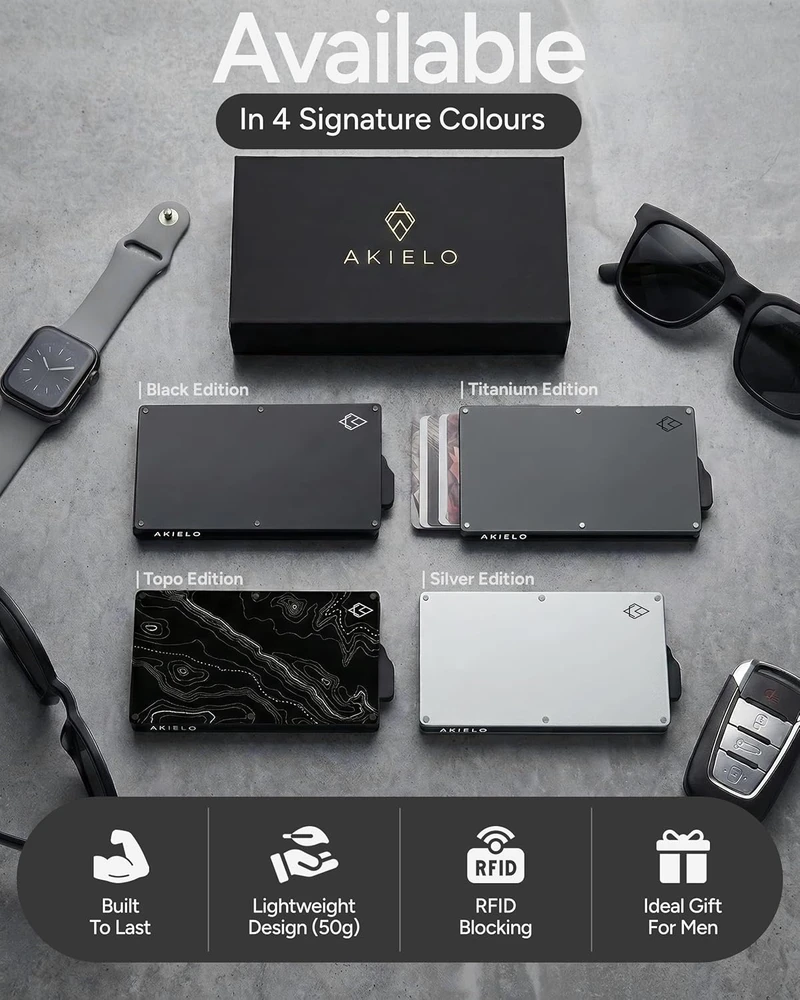 AKIELO kortelių dėklas su RFID apsauga, aliuminis, talpa iki 8 kortelių, juoda, ALPHA