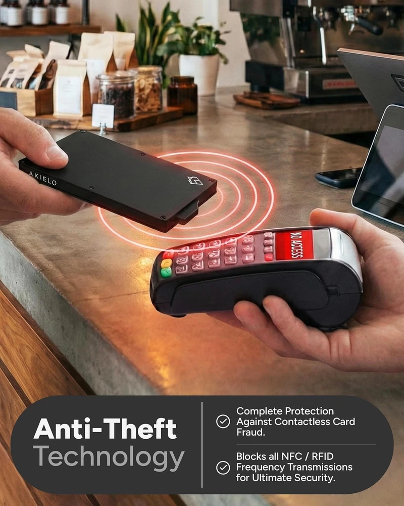 AKIELO kortelių dėklas su RFID apsauga, aliuminis, talpa iki 8 kortelių, juoda, ALPHA