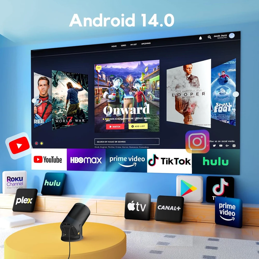 AKIYO nešiojamasis mini projektorius 720p su Wi-Fi 6, Bluetooth 5.4 ir Android TV 11.0 O2
