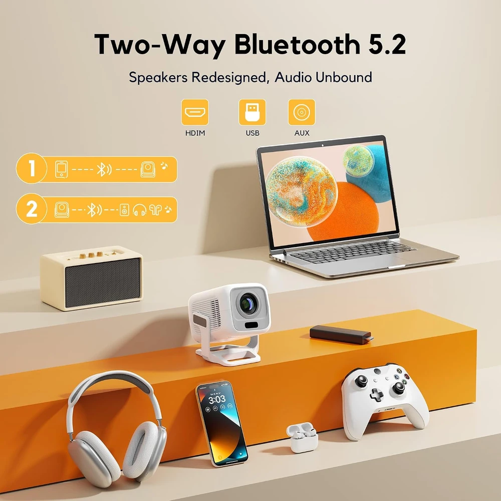 AKIYO nešiojamasis projektorius 1080P, 4K, Wi-Fi 6, Bluetooth, autofokusas O4