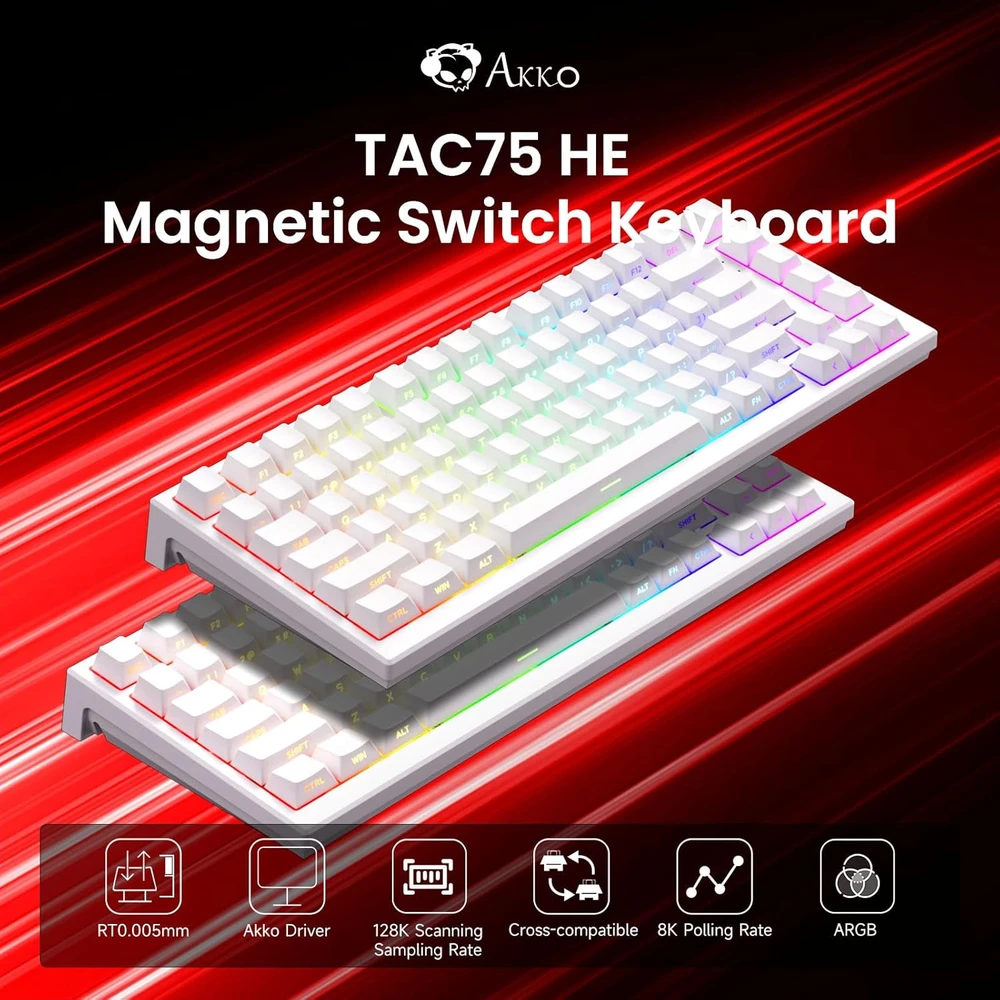 Akko TAC75 HE laidinė žaidimų klaviatūra su magnetiniais jungikliais, 75%, ARGB, balta
