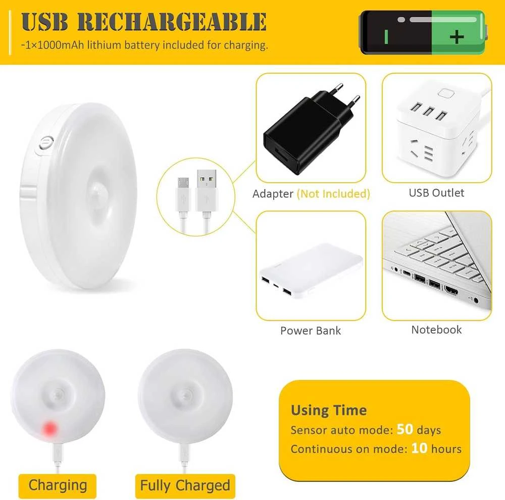 Akynite belaidė LED spintelės lemputė su judesio jutikliu, reguliuojamas ryškumas, USB įkrovimas, 0,5 W, 3 vnt. rinkinys