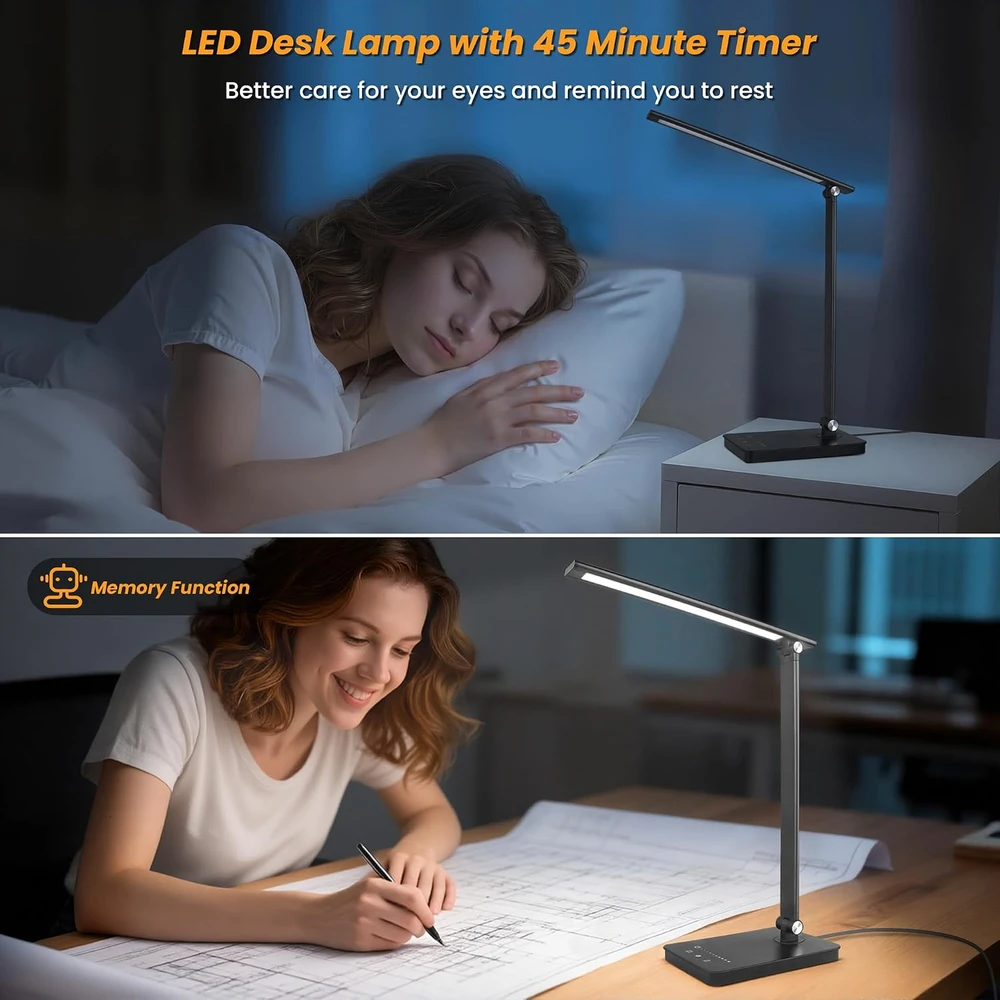 Akynite LED stalinė lempa su 42 LED, USB-C ir 5 spalvinės temperatūros režimais, juoda
