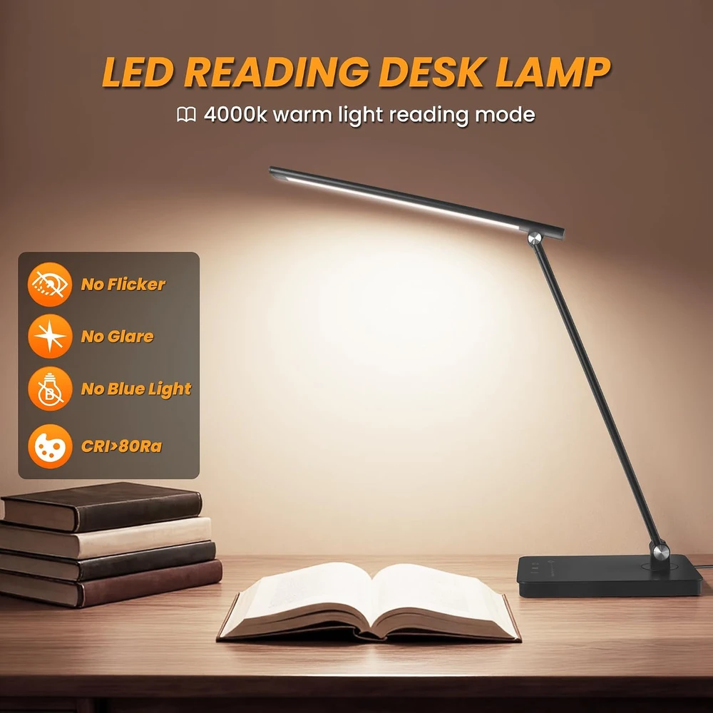 Akynite LED stalinė lempa su 42 LED, USB-C ir 5 spalvinės temperatūros režimais, juoda