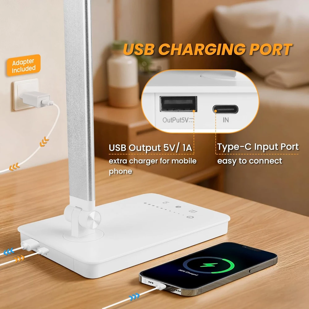 Akynite LED stalinė lempa su USB-C, 5 spalvinės temperatūros režimais ir 10 ryškumo lygių