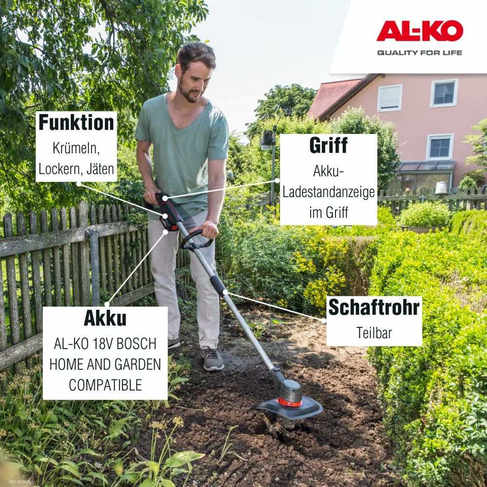 AL-KO akumuliatorinė glebogryzė su 18 V ličio jonų akumuliatoriumi, darbinis plotis 20 cm, 113928