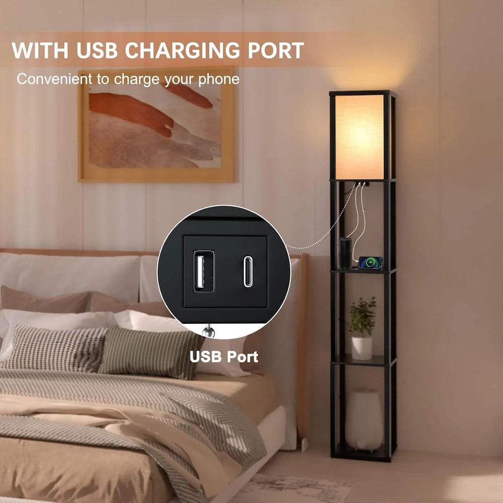 Alampia pastatomas LED šviestuvas su lentynomis, USB jungtimis ir nuotoliniu valdymu B09PVCSCT2