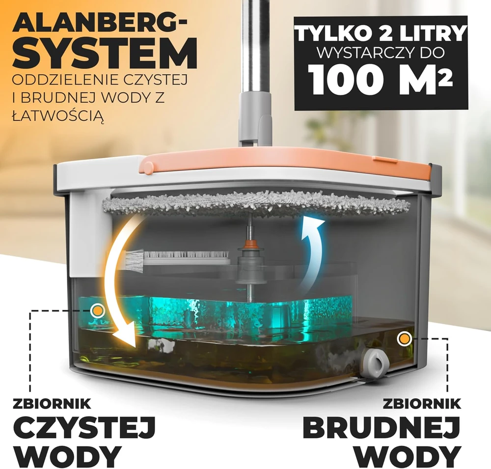 ALANBERG grindų valymo rinkinys su 2 kamerų kibiru, teleskopine rankena, 2 mikropluošto šluostėmis, pilkas