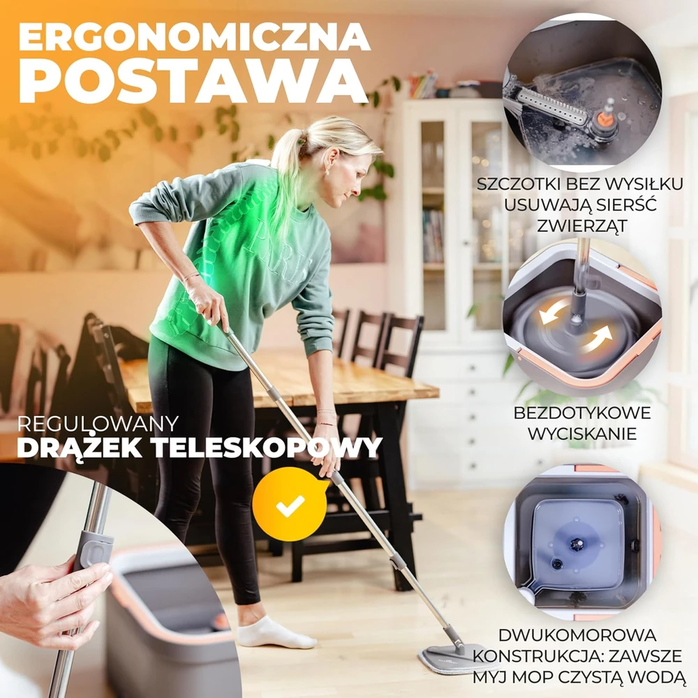 ALANBERG grindų valymo rinkinys su 2 kamerų kibiru, teleskopine rankena, 2 mikropluošto šluostėmis, pilkas