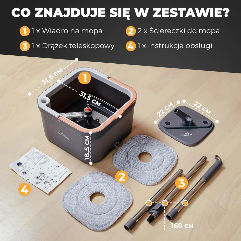 ALANBERG grindų valymo rinkinys su 2 kamerų kibiru, teleskopine rankena, 2 mikropluošto šluostėmis, pilkas