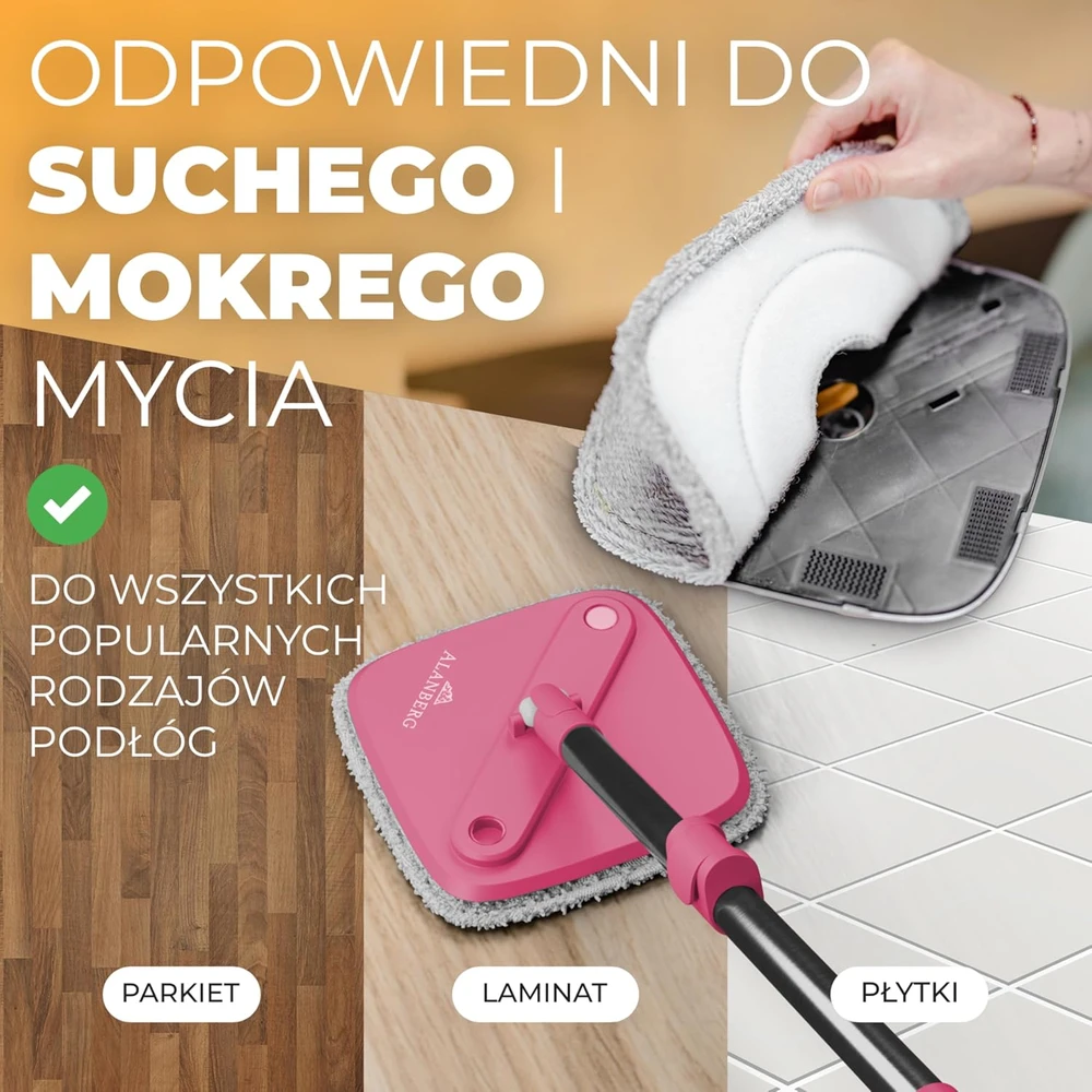 ALANBERG grindų valymo rinkinys su dviem kameromis, teleskopiniu kotu iki 160 cm ir 2 mikropluošto pagalvėlėmis