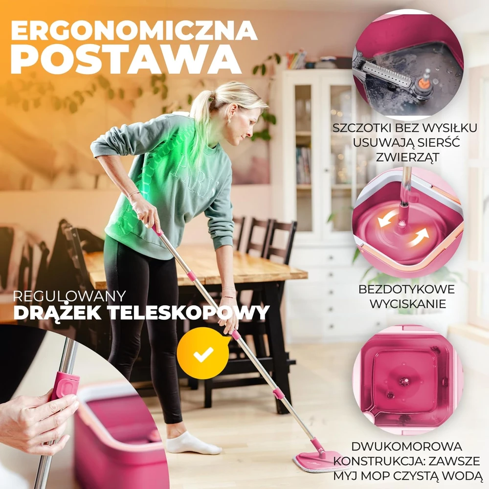 ALANBERG grindų valymo rinkinys su dviem kameromis, teleskopiniu kotu iki 160 cm ir 2 mikropluošto pagalvėlėmis