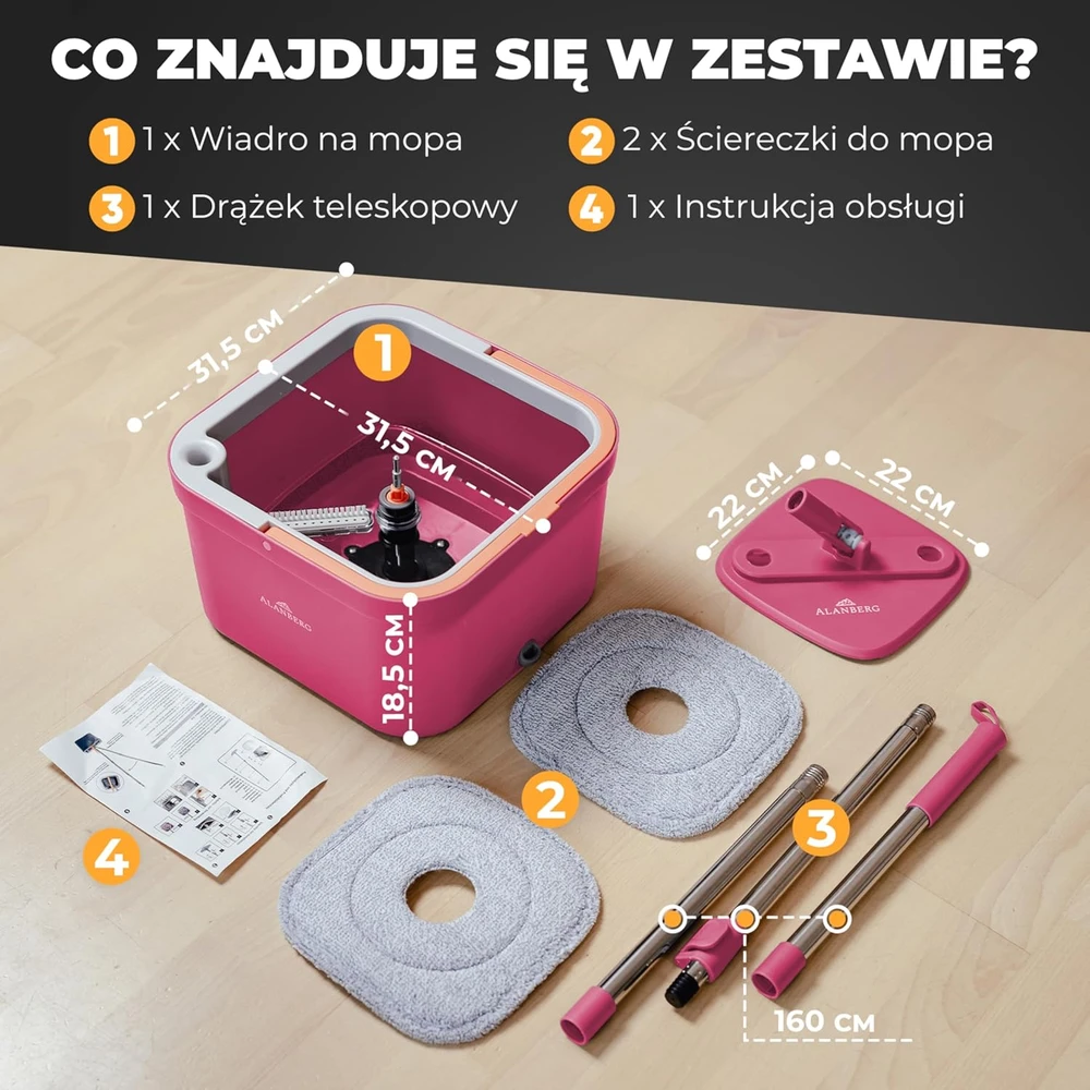 ALANBERG grindų valymo rinkinys su dviem kameromis, teleskopiniu kotu iki 160 cm ir 2 mikropluošto pagalvėlėmis