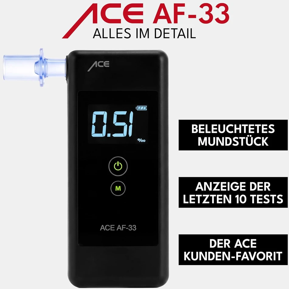 Alkotesteris ACE alkoholio matuoklis su ekranu AF-33, juodas, su ličio metalo baterija
