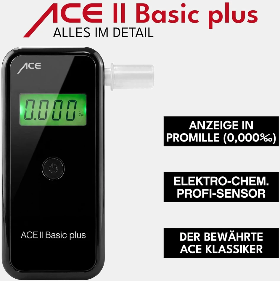 Alkotesteris ACE elektrocheminis alkoholio matuoklis II Basic Plus 0–4 ‰, juodas, 107025
