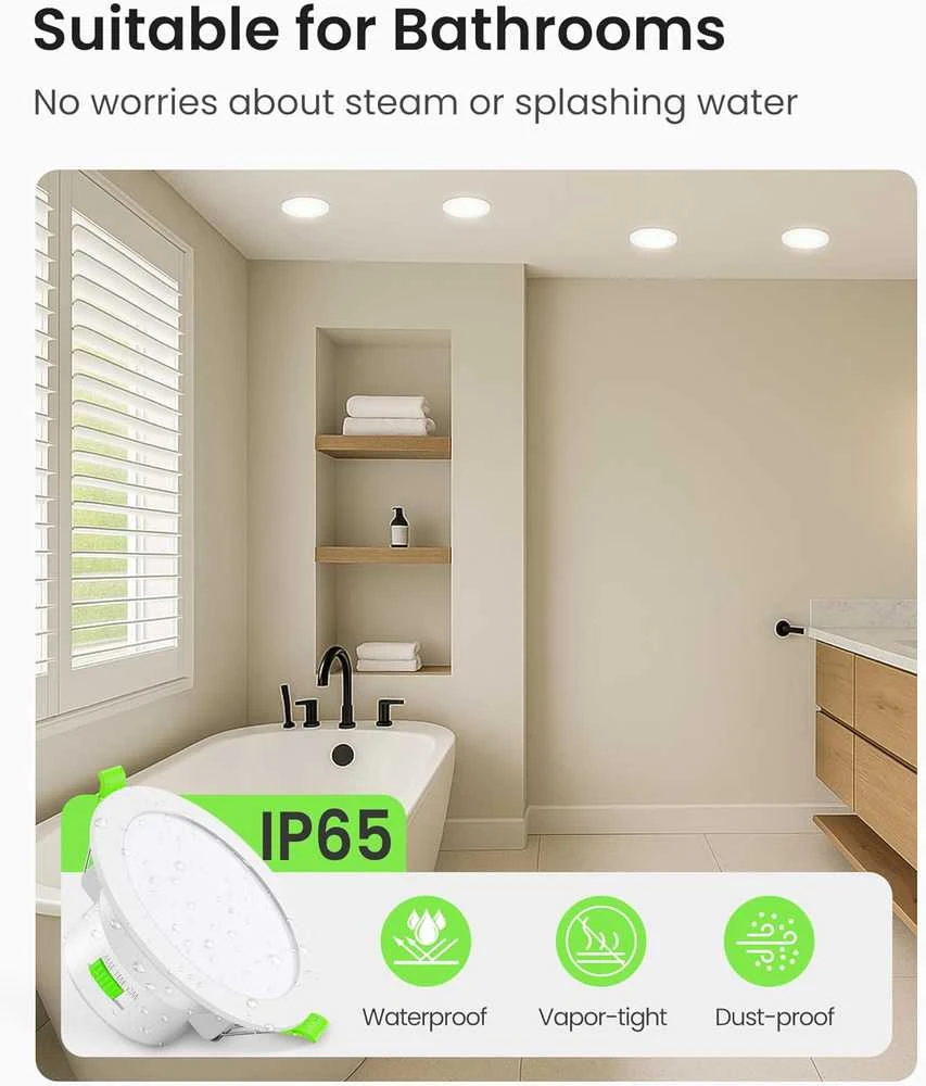 ALUSSO įleidžiami LED lubų šviestuvai IP65, 10 W, 800 lm, 3 spalvų, apvalūs, balti, komplektas 6 vnt. SI25-110D3WF-6