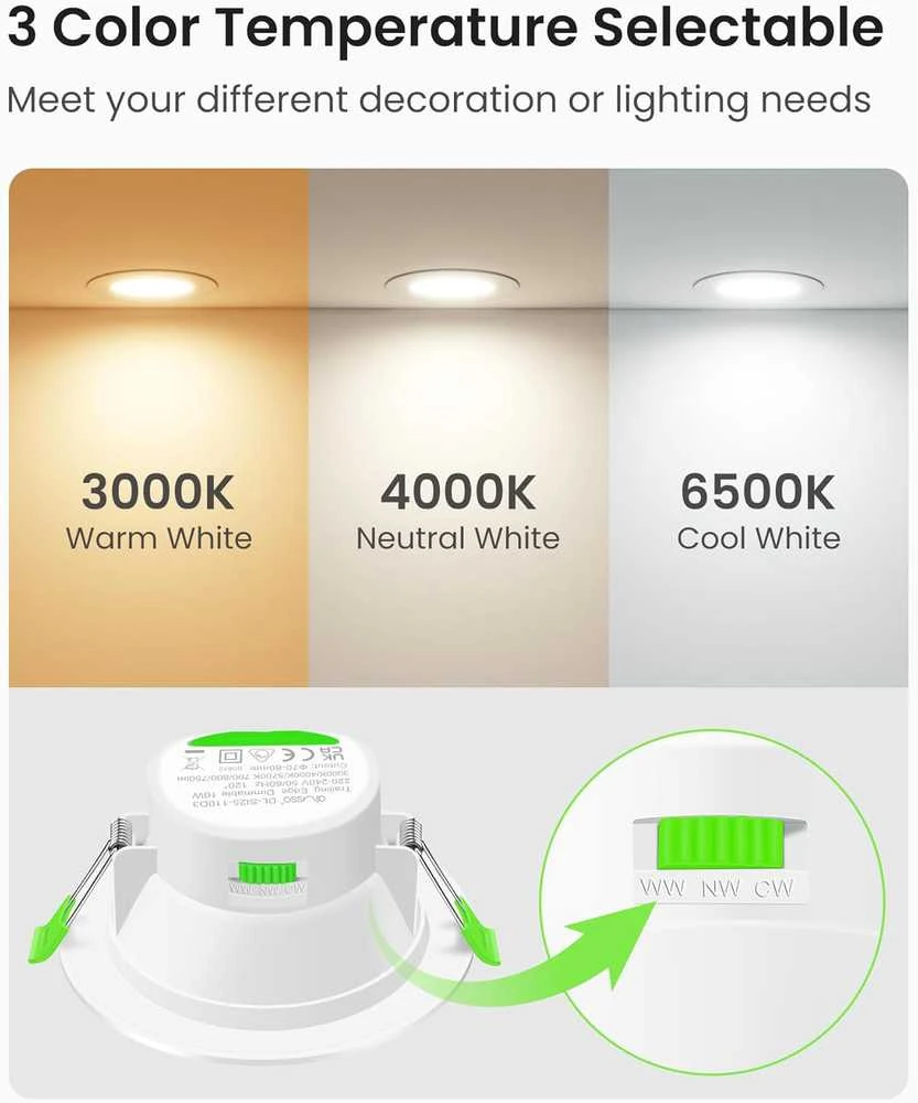 ALUSSO įleidžiami LED lubų šviestuvai IP65, 10 W, 800 lm, 3 spalvų, apvalūs, balti, komplektas 6 vnt. SI25-110D3WF-6