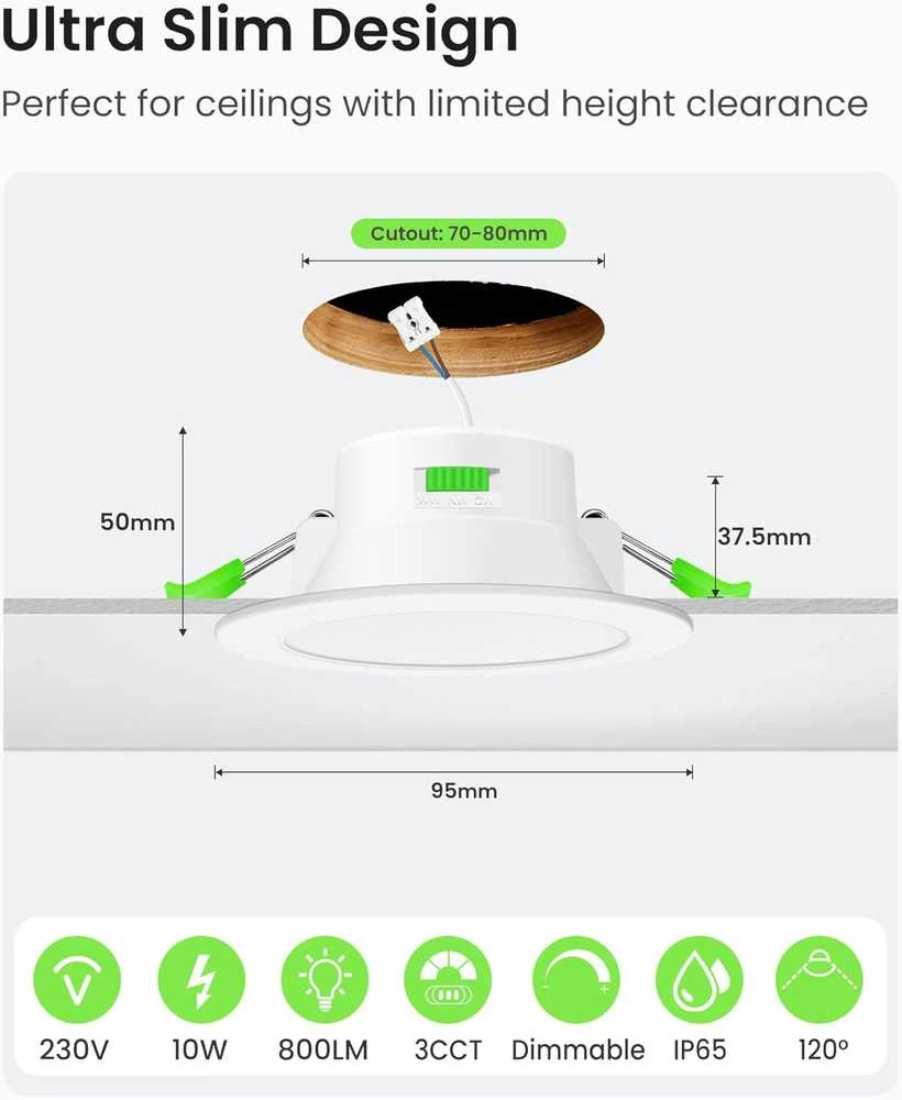 ALUSSO įleidžiami LED lubų šviestuvai IP65, 10 W, 800 lm, 3 spalvų, apvalūs, balti, komplektas 6 vnt. SI25-110D3WF-6