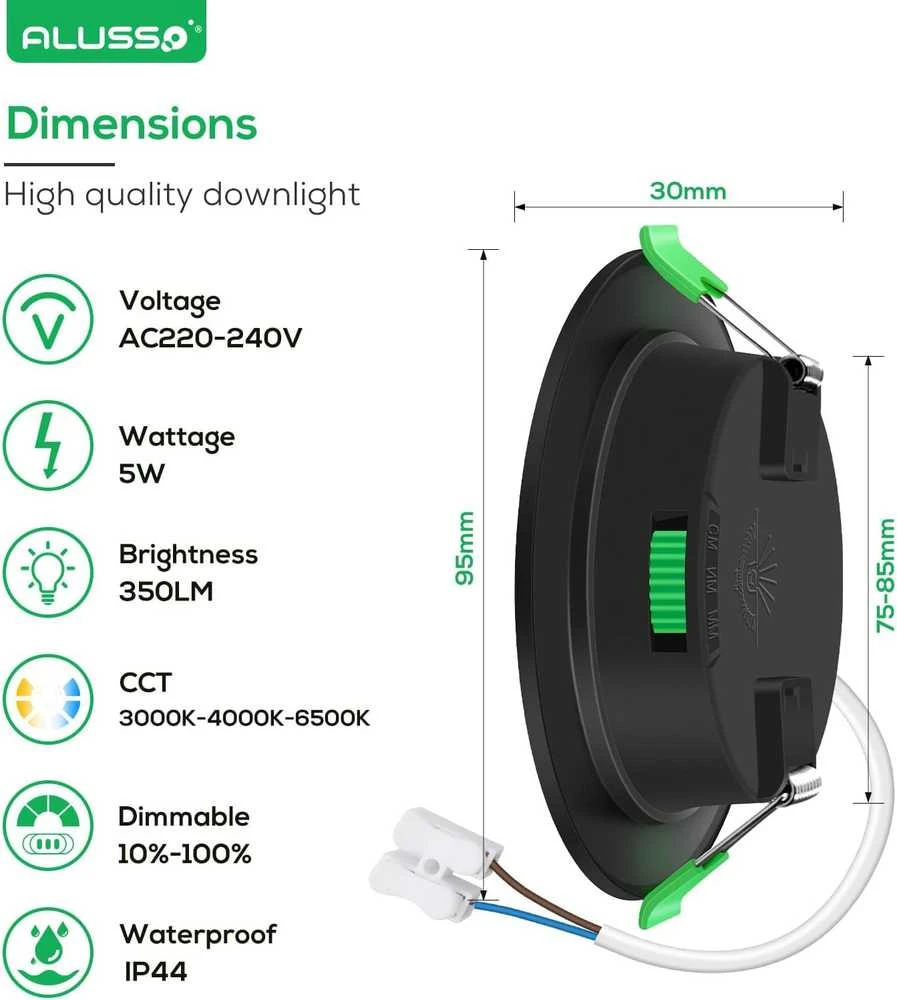 ALUSSO įleidžiamų LED šviestuvų rinkinys, 230 V, 5 W, 400 lm, IP44, 3 spalvų temperatūros, juodi, 6 vnt. DL-SS25-105LND3