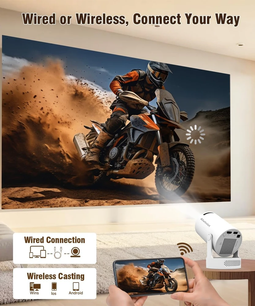 Alwtniet nešiojamasis mini projektorius Wi-Fi 6, Bluetooth 5.4, 720p, 4K palaikymas