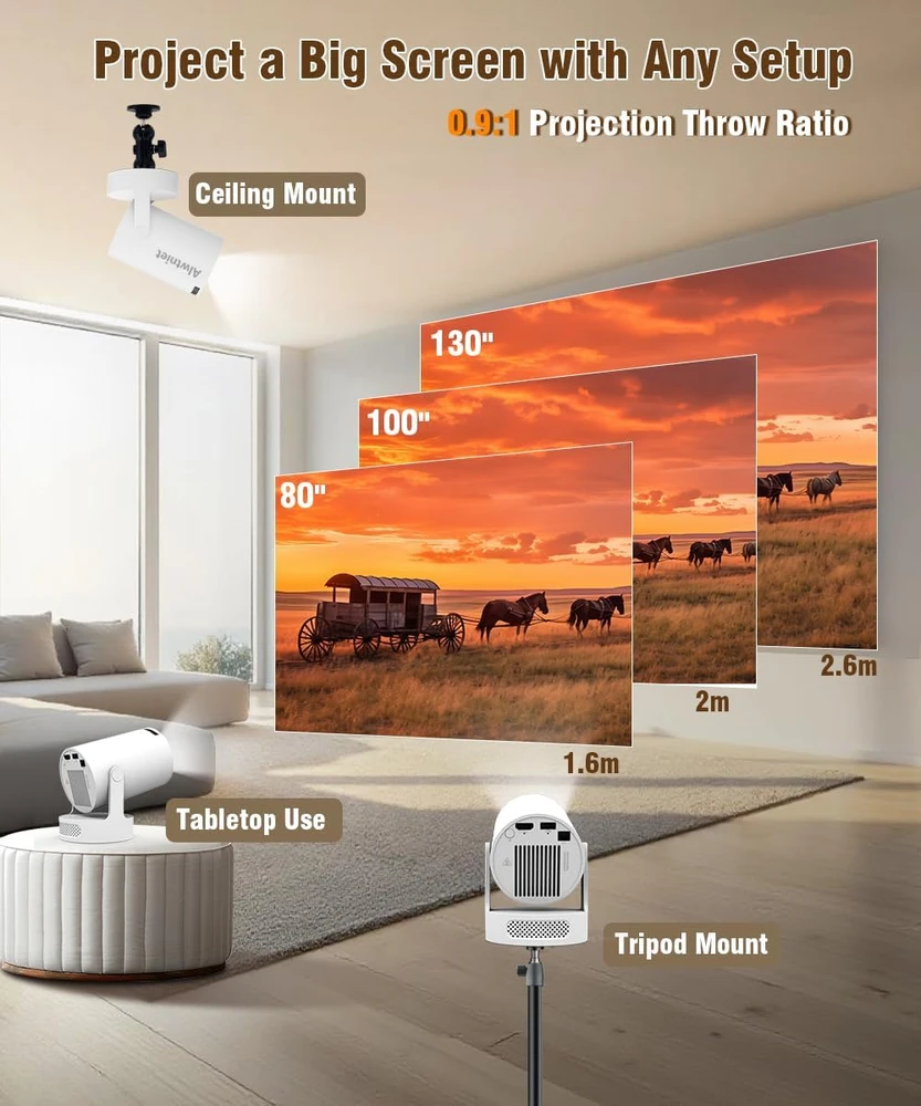 Alwtniet nešiojamasis mini projektorius Wi-Fi 6, Bluetooth 5.4, 720p, 4K palaikymas