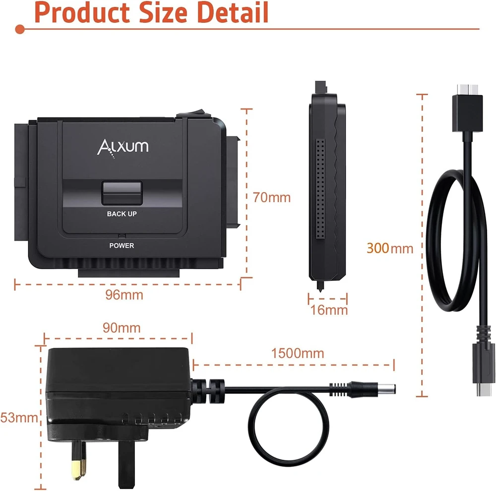 Alxum SATA ir IDE diskų keitiklis į USB-C su 12 V/2 A maitinimo šaltiniu Y-3322C