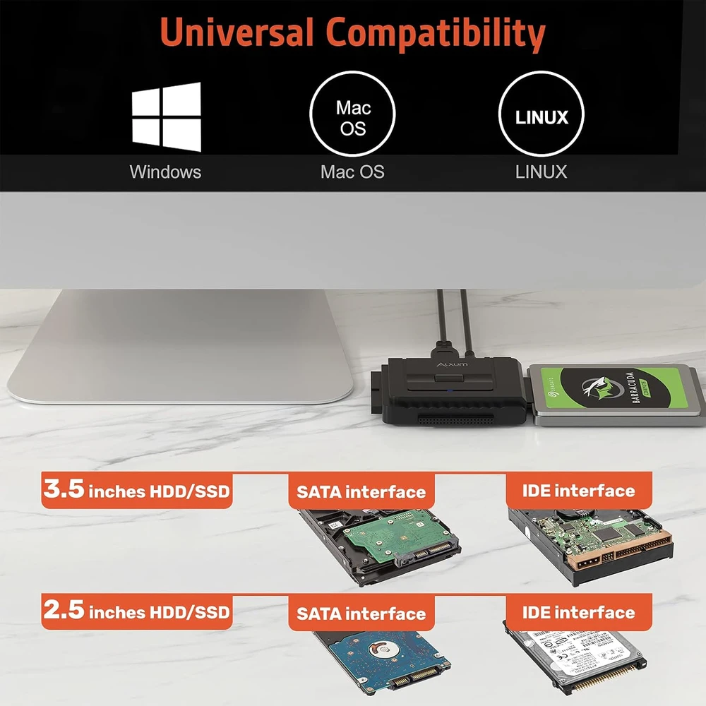 Alxum SATA ir IDE diskų keitiklis į USB-C su 12 V/2 A maitinimo šaltiniu Y-3322C