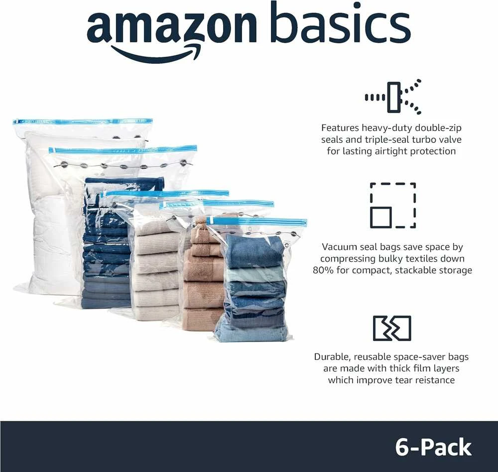 Amazon Basics Daugkartiniai vakuuminiai maišeliai su rankine pompa, 6 vnt.