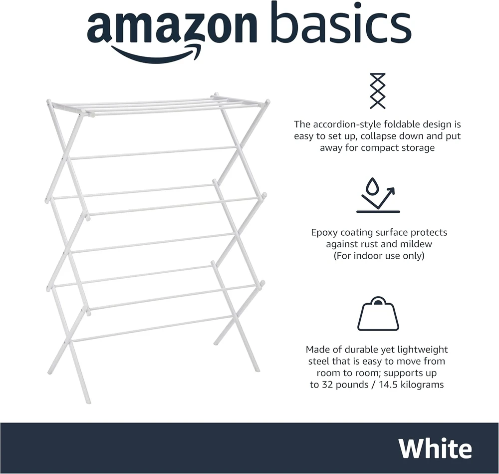 Amazon Basics drabužių džiovyklė, metalinė, balta, 106 x 75 x 37 cm, sulankstoma