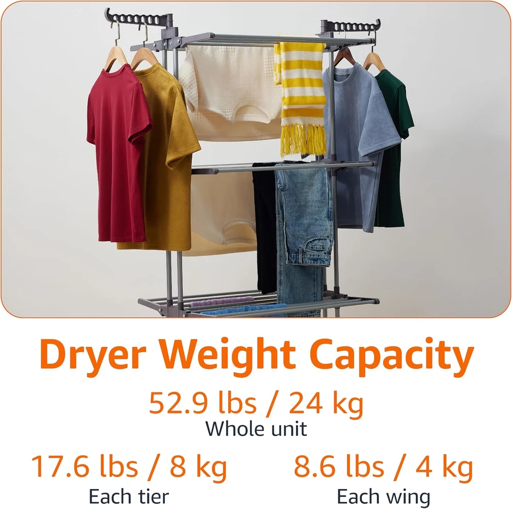 Amazon Basics keturių lygių sulankstoma drabužių džiovyklė su reguliuojamais sparnais, pilka, 126 x 64 x 173 cm