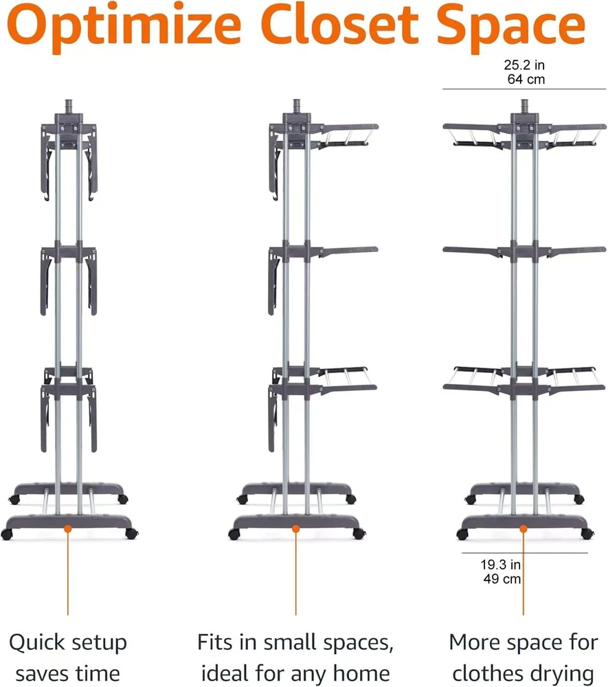 Amazon Basics keturių lygių sulankstoma drabužių džiovyklė su reguliuojamais sparnais, pilka, 126 x 64 x 173 cm