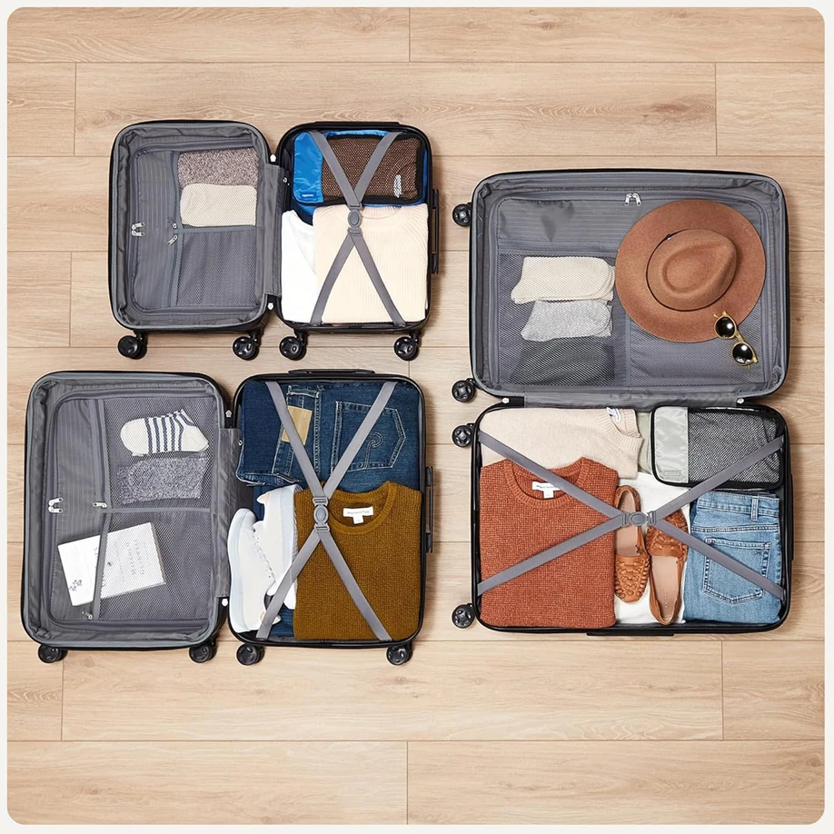 Kelioninis Amazon Basics kietų lagaminų rinkinys, 3 vnt., ABS korpusas, 55 cm, 68 cm, 78 cm, oranžinis