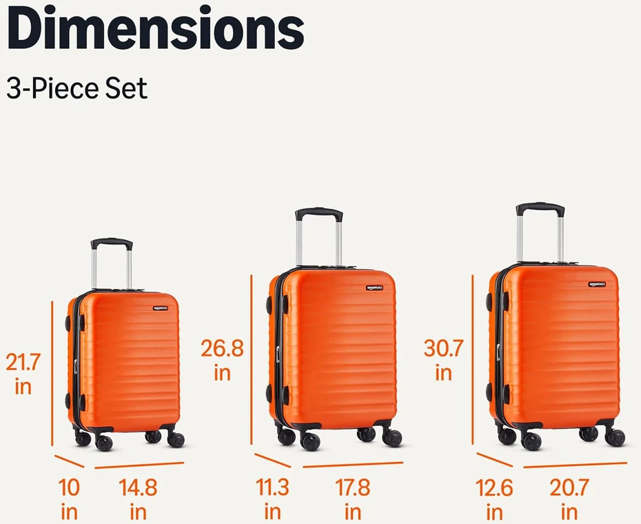 Kelioninis Amazon Basics kietų lagaminų rinkinys, 3 vnt., ABS korpusas, 55 cm, 68 cm, 78 cm, oranžinis