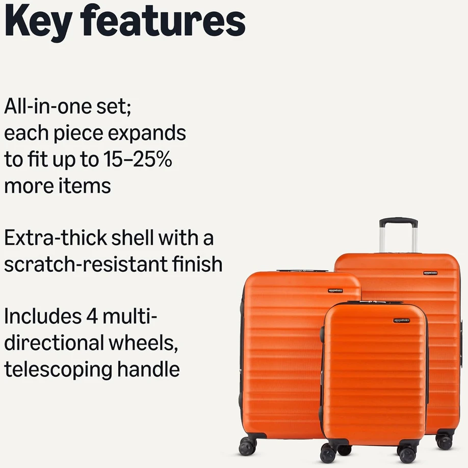 Kelioninis Amazon Basics kietų lagaminų rinkinys, 3 vnt., ABS korpusas, 55 cm, 68 cm, 78 cm, oranžinis