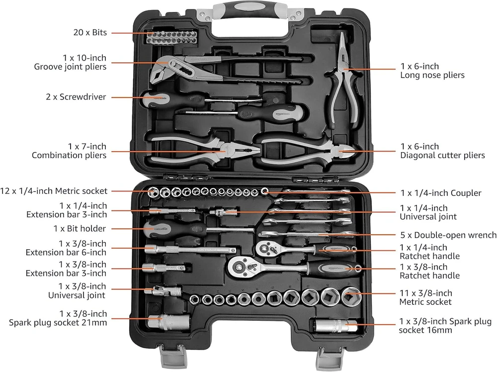 Amazon Basics namų įrankių rinkinys, 65 dalių, plienas, ergonomiška rankena, DS-JYAMZ0006
