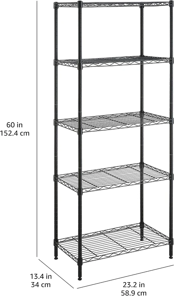 Amazon Basics siaura metalinė lentyna su 5 reguliuojamo aukščio lentynomis, 60,1 x 35,6 x 152,4 cm, be ratukų
