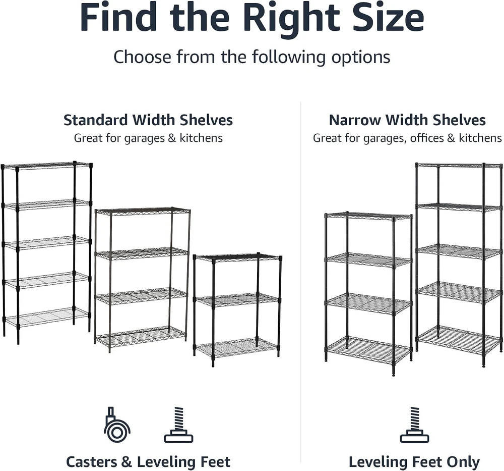 Amazon Basics siaura metalinė lentyna su 5 reguliuojamo aukščio lentynomis, 60,1 x 35,6 x 152,4 cm, be ratukų