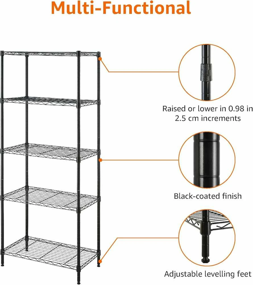 Amazon Basics siaura metalinė lentyna su 5 reguliuojamo aukščio lentynomis, 60,1 x 35,6 x 152,4 cm, be ratukų
