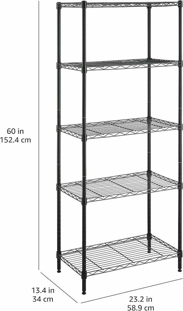 Amazon Basics siaura metalinė lentyna su 5 reguliuojamo aukščio lentynomis, 60,1 x 35,6 x 152,4 cm, be ratukų