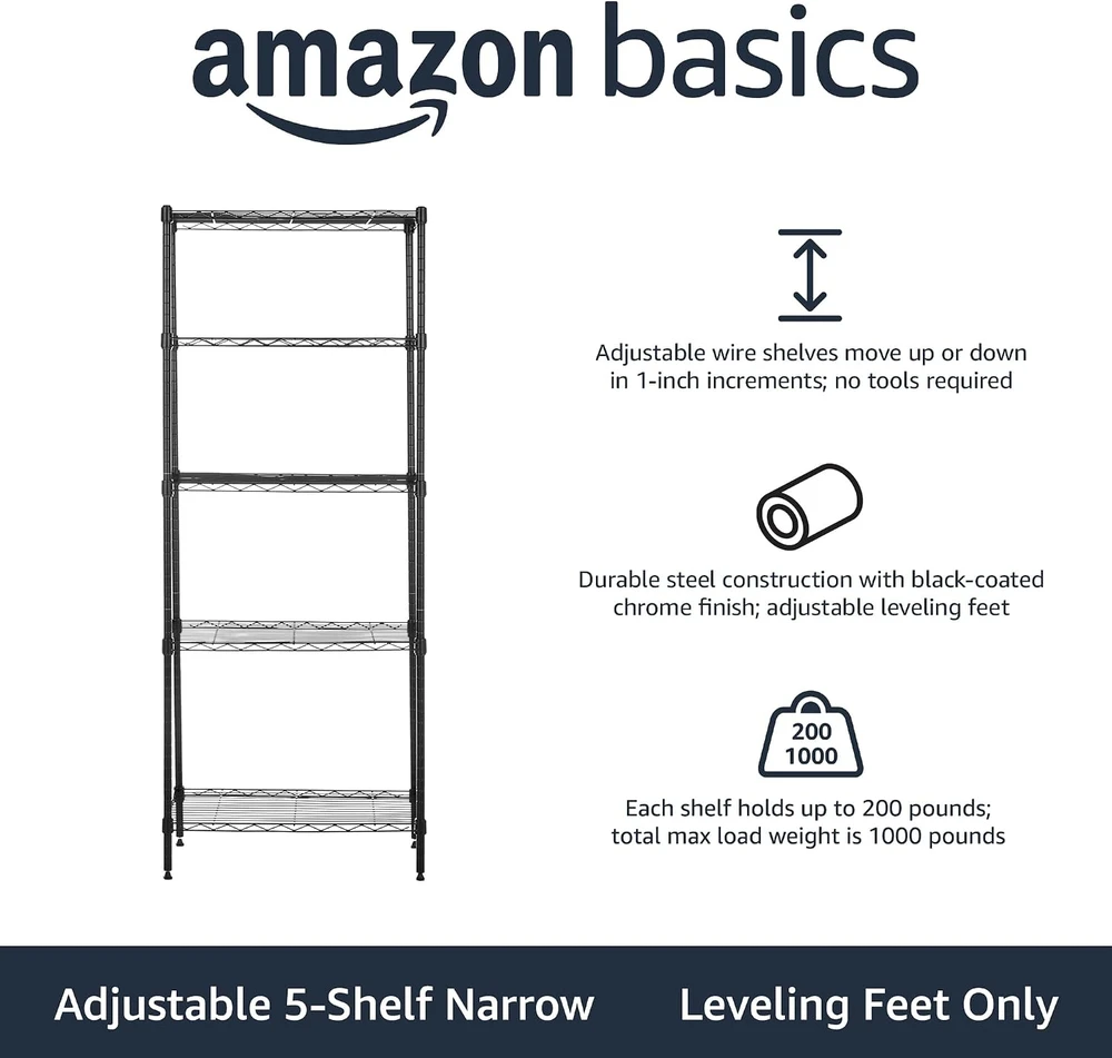 Amazon Basics siaura metalinė lentyna su 5 reguliuojamo aukščio lentynomis, 60,1 x 35,6 x 152,4 cm, be ratukų